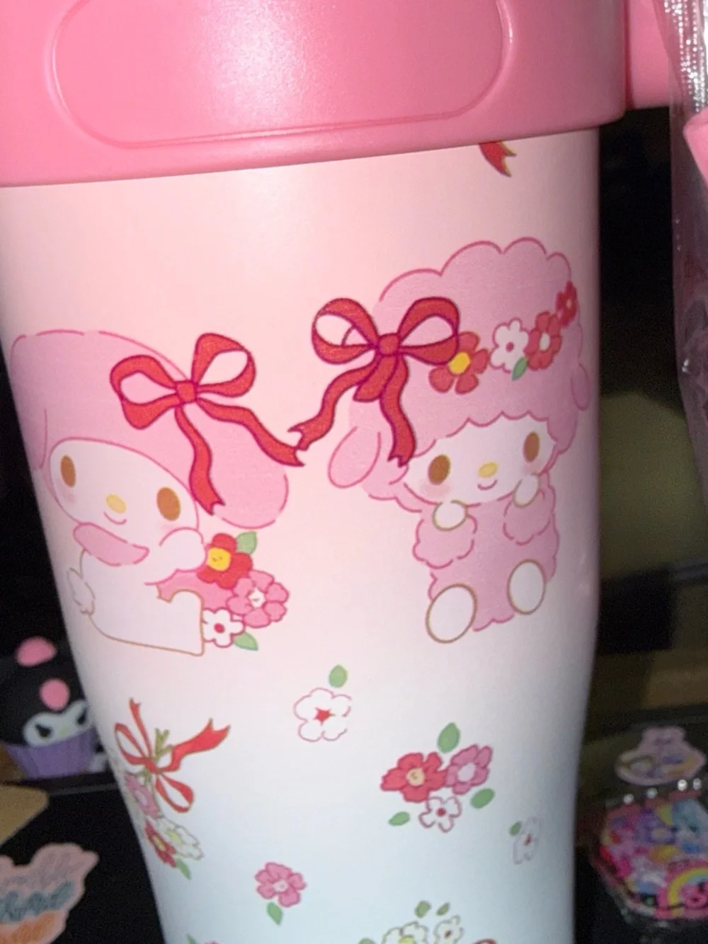 Sanrio My Melody Pink and White Travel Bottle with Straw and Handle